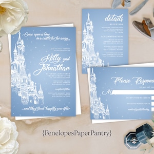 Elegant Fairy Tale Wedding Invitation Personalized Castle Cinderella Blue Happily Ever After Satin Printed Invitations Envelopes Included