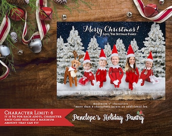 Fun Christmas Family Photo Card,Elf Family,Family As Elves,Snow,Evergreen Trees,Barn Wood,Personalize,Printed,Optional Back Print,Envelope