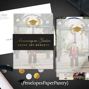 Elegant Vellum Graduation Announcement Personalized Double Sided Photo Collage Belly Band Gold Foil Class of 2025 Printed Card With Envelope
