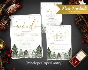 Elegant Winter Wedding Invitation,Winter Wedding Invite,Snow Covered Evergreen Trees,Gold Foil Snowflakes,Gold Calligraphy,Envelope Included