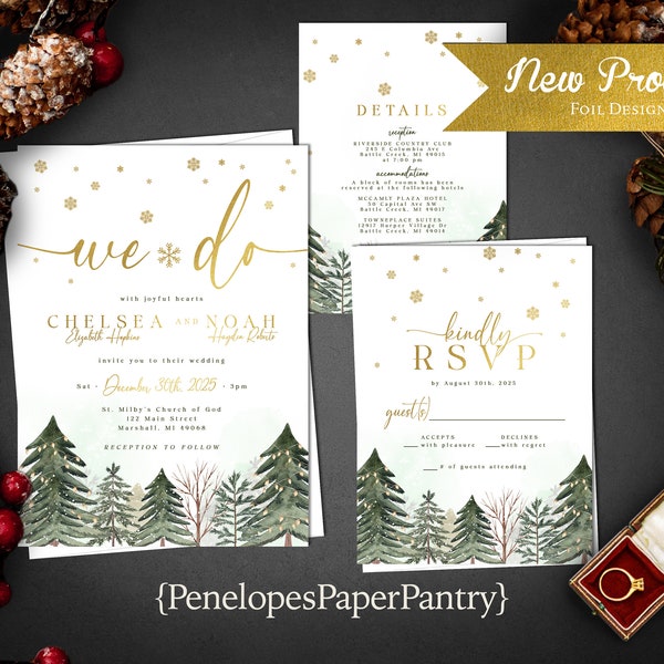 Elegant Winter Wedding Invitation,Winter Wedding Invite,Snow Covered Evergreen Trees,Gold Foil Snowflakes,Gold Calligraphy,Envelope Included