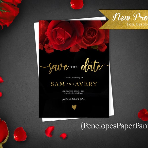 Elegant,Red Rose,Wedding,Save The Date Card,Save The Date,Red Roses,Gold Calligraphy,Gold Foil Print,Black and Gold,Personalize,Printed Card