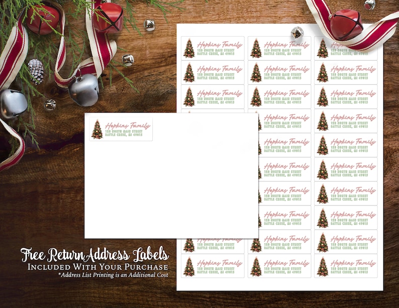 May include: A sheet of free return address labels with a Christmas tree design. The labels feature the text "Hopkins Family" and an address. The text "Free Return Address Labels Included With Your Purchase" is printed at the bottom of the sheet.
