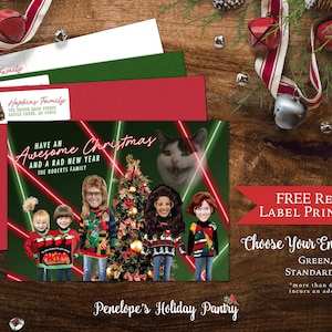 Fun Retro Christmas Family Photo Card,80's Theme,80's Throwback,Ugly Christmas Sweaters,Personalize,Printed,Back Print,Envelope