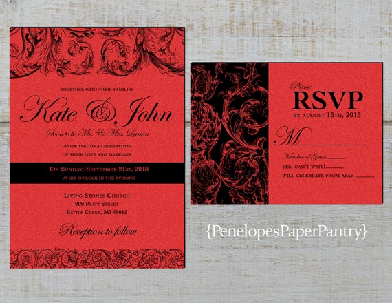 Elegant Red And Black Wedding Invitationssophisticated Etsy