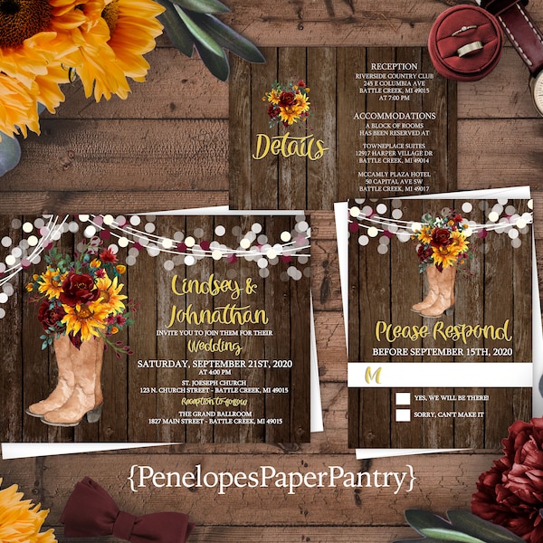 Rustic Fall Wedding Invitation,Cowboy Boots,Sunflowers,Burgundy Roses,Fairy Lights,Barn Wood,Custom,Printed Invitation,Wedding Set