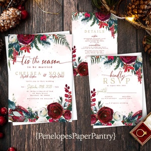 Elegant Red Green Gold Floral Winter Wedding Invitation Suite Tis The Season To Be Married Gold Print Shimmery Personalize Printed Envelope