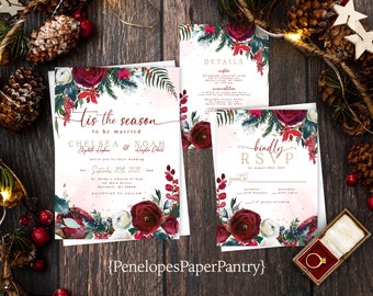 Elegant Red Green Gold Floral Winter Wedding Invitation Suite Tis The Season To Be Married Gold Print Shimmery Personalize Printed Envelope