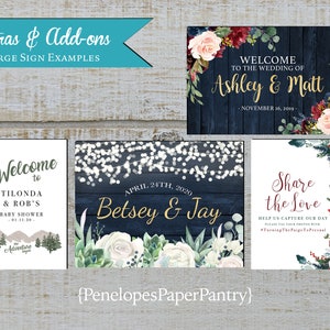 May include: Four different wedding and baby shower welcome signs with floral designs. The signs are on a wood background. The text on the signs includes "Welcome to the Wedding of Ashley & Matt", "Welcome to Tilonda & Rob's Baby Shower", "April 24th, 2020 Betsey & Jay", and "Share the Love".
