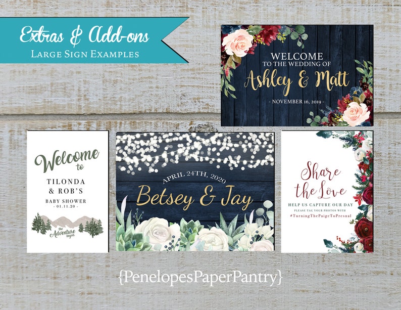 May include: Four different wedding and baby shower welcome signs with floral designs. The signs are on a wood background. The text on the signs includes "Welcome to the Wedding of Ashley & Matt", "Welcome to Tilonda & Rob's Baby Shower", "April 24th, 2020 Betsey & Jay", and "Share the Love".
