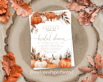 Fall Bridal Shower Invitation: Orange and White Pumpkins, Personalized, Printed