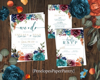 Floral Fall Wedding Invitation,Jewel Tone Floral Fall Wedding Invite,Teal,Burnt Orange,Navy,Plum,Calligraphy,Jewel Tone,Envelope Included