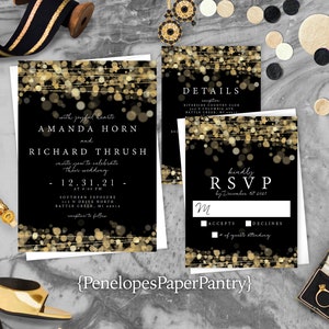 Elegant Black and Gold Wedding Invitation,Black,Gold,Wedding Invite,Gold Bubble Lights,Shimmery Invitation,Personalized,Envelope Included