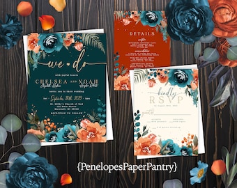 Teal Floral,Fall Wedding Invitation,Fall Wedding Invite,Burnt Orange,Calligraphy,Gold Print,Shimmery,Personalize,Printed Invitation,Envelope