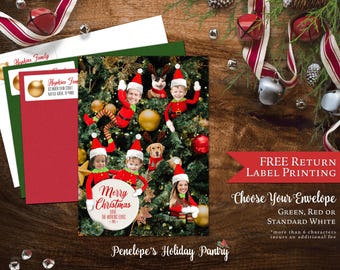 Funny Elf Family Christmas Photo Card Personalized Elves In A Christmas Tree Printed Cards With Envelopes Return Address Labels Back Print