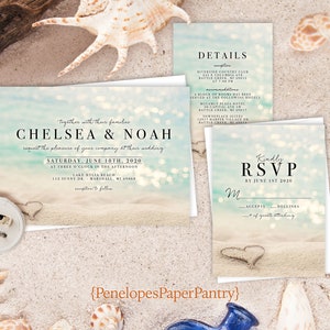 Romantic Beach Wedding Invitation,Heart in the Sand,Sandy Beach,Sunset,Destination Wedding,Hawaii Wedding,Shimmery,Printed Invitation,or Set