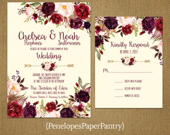Romantic Ivory Fall Wedding Invitation,Burgundy,Marsala,Blush,Roses,Floral Arrow,Rustic,Printed Invitation,Wedding Set,Ivory Envelopes