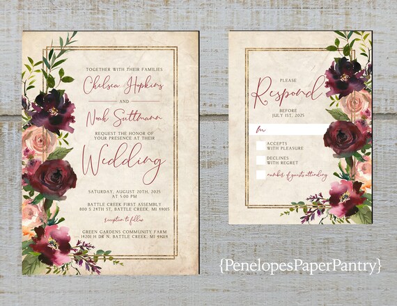 Rustic Floral Fall Wedding Invitation,Burgundy,Dusty Rose,Roses,Greenery,Parchment,Personalize,Printed Invitation,Wedding Set,Envelope