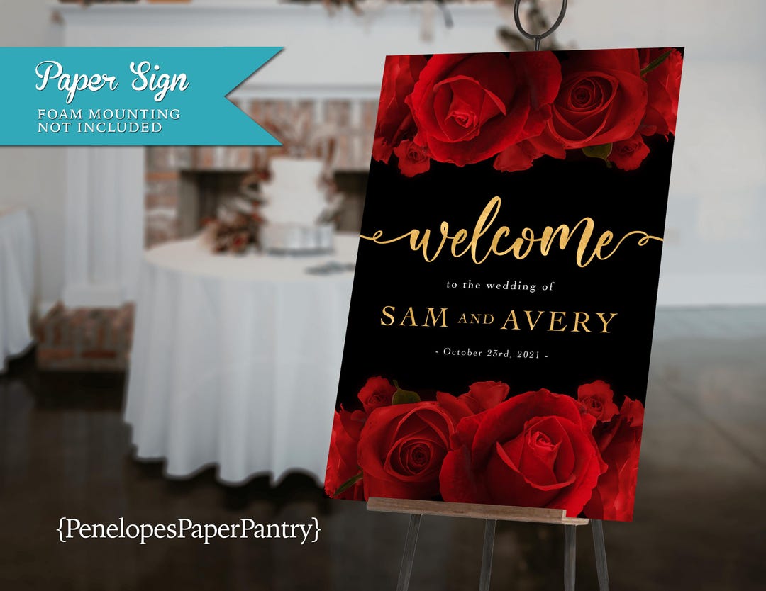 Red Rose Wedding Welcome Sign: Gold Calligraphy Personalized and ...