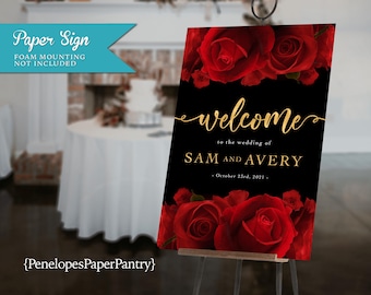 Red Rose Wedding Welcome Sign: Gold Calligraphy Personalized and Printed