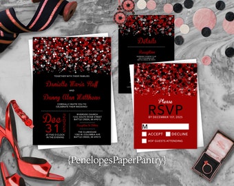 Black and Red Wedding Invitations,Modern Confetti,Splatter Print Design,Shimmery,Opt RSVP Card,Customizable