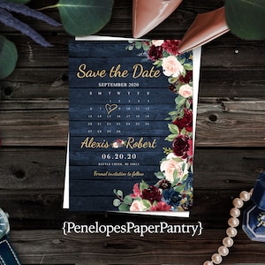 Personalized,Rustic Save The Date,Wedding Save The Date,Floral Fall Save Our Date,Calendar,Navy Barn Wood,Burgundy Roses,Gold,Shimmery Card