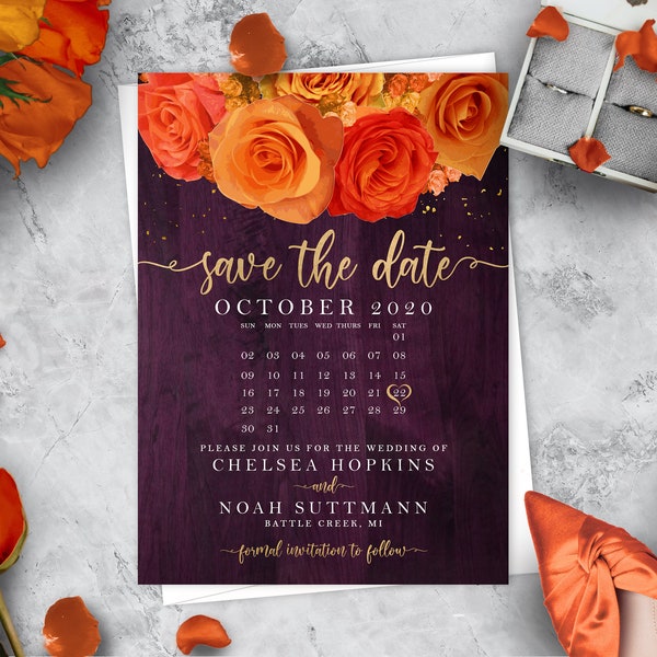 Elegant Rustic Purple and Orange Custom Save The Date,Calendar Save The Date,Fall Save Our Date,Calligraphy,Shimmery Card,Envelopes Included