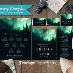 Personalized Northern Lights Wedding Invitation,Northern Lights Theme Wedding Invite,Emerald Green,Winter Wedding,Starry Sky,Shimmery Invite image 3
