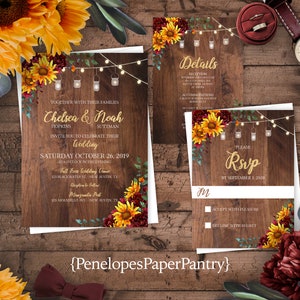 Rustic Wedding Invitation,Sunflower Wedding Invitation,Rustic Fall Wedding,Sunflowers,Burgundy Roses,Rustic Wood,Barn Lights,Personalize,5x7