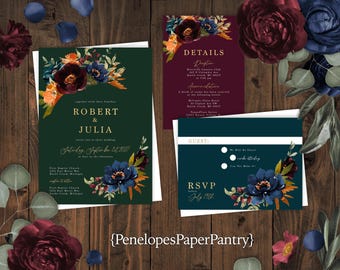 Jewel Tone Floral Fall Wedding Invitation Set: Personalized Text, Printed with Envelopes