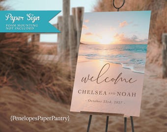 Beach Wedding Welcome Sign: Sunset Personalized and Printed