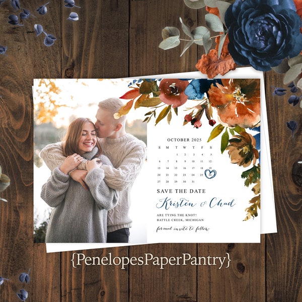 Save The Date,Fall Wedding Save The Date Card,Floral Save The Dates,Calendar Save Our Date,Gold,Calligraphy,Shimmery,Envelope Included