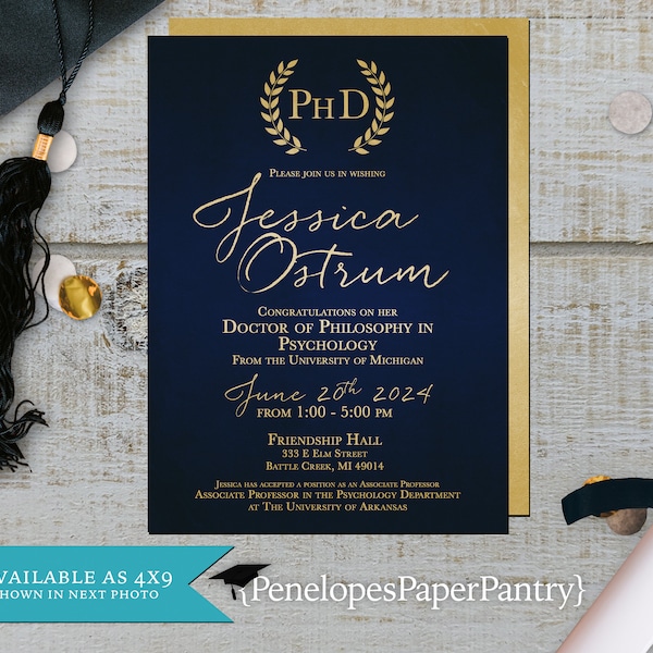 Doctor of Philosophy,Graduation,Announcement,PhD Grad Invitation,Navy,Gold,Calligraphy,Unisex,Personalize,Printed Cards,Envelope Included