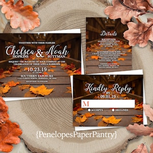 May include: Fall wedding invitation with a rustic wooden bridge background and autumn leaves. The invitation includes the couple's names, wedding date, time, and location. It also includes details about the reception and accommodations. The RSVP card includes a date and a choice to accept or decline the invitation.