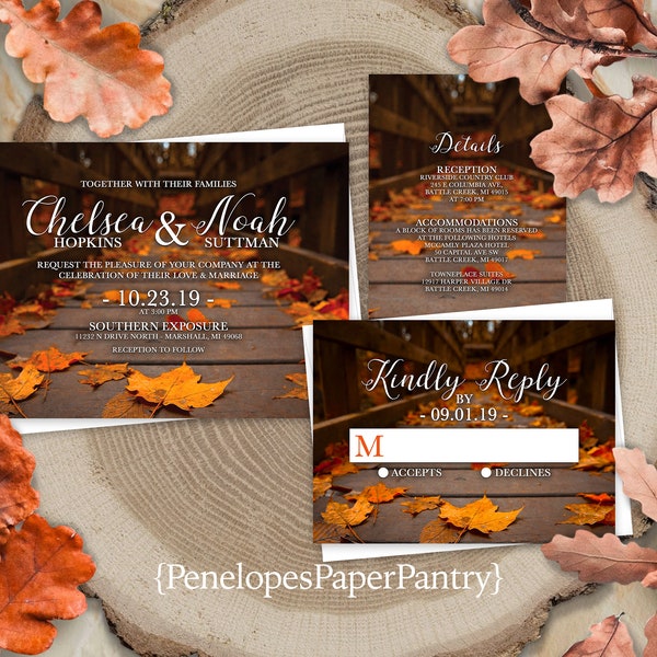 Elegant Rustic Fall Wedding Invitation,Rustic Fall Wedding Invite,Rustic Wood,Burnt Orange Fall Leaves,Envelopes Included,Printed Invite Set