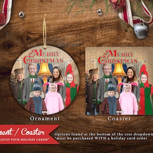 May include: A round ornament and a square coaster featuring a family portrait with the text "Merry Christmas." The ornament has a gold string for hanging. The coaster and ornament have a wooden background and the year 2025.