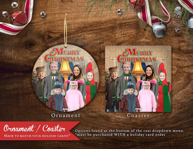 May include: A round ornament and a square coaster featuring a family portrait with the text "Merry Christmas." The ornament has a gold string for hanging. The coaster and ornament have a wooden background and the year 2025.