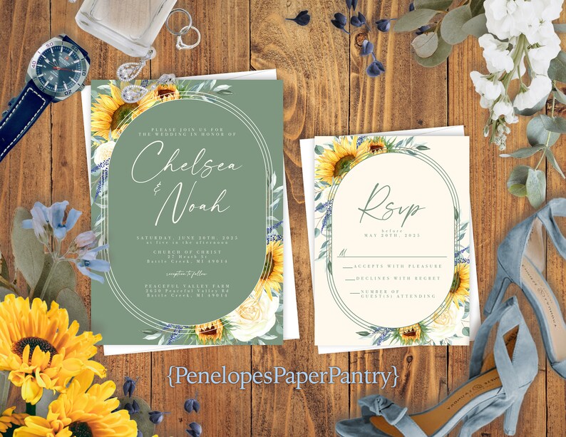 Sunflower Wedding InvitationSunflower Wedding InviteSunflowersSage GreenIvoryPersonalizePrinted InvitationEnvelope Included
