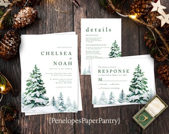 Winter Wedding Invitation,Winter Wedding Invite,Snow Covered Pine Trees,Snow,Evergreen Trees,Green and White,Envelope Included,Custom Invite