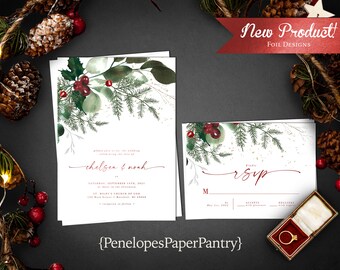 Luxury Red Foil Winter Wedding Invitation Holly Mistletoe Evergreen Branches Red Foil Calligraphy Personalize Printed Invitation Envelope