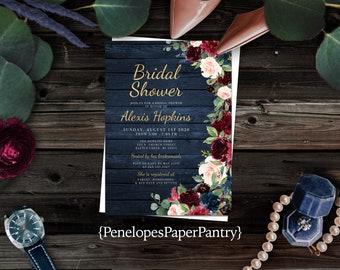 Rustic Fall Bridal Shower Invitation,Fall Bridal Shower Invite,Floral Fall Invite,Navy Invite,Burgundy Roses,Shimmery Invitation,Personalize