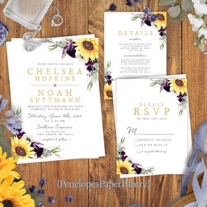 Sunflower Wedding Invitation,Sunflower Wedding Invite,Sunflower Theme,Purple Roses,Gold Print,Shimmery Invitation,Envelope Included,Custom