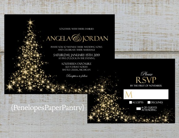 elegant black and gold christmas wedding invitation gold christmas tree black shimmer shimmery formal traditional custom printed invitation formal christmas invitations