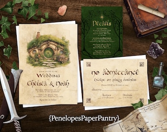 Hobbit Wedding Invitation Suite: Shire, Round Door, Fantasy Theme, Custom Text, Printed (with Envelopes)