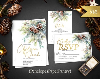 Winter Wedding Invitation,Winter Wedding Invite,Evergreen Branches,Pine Cones,Snow,Gold Foil,Calligraphy,Personalize,Envelope,Printed Invite