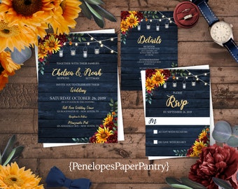 Rustic Navy Sunflower Fall Wedding Invitation,Sunflower Wedding Invite,Rustic Navy Wood,Mason Jar Lights,Burgundy Roses,Shimmery Invitation