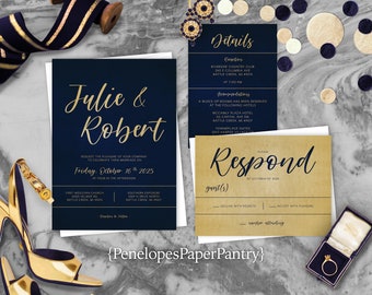 Elegant Navy and Gold Wedding Invitation,Navy,Gold,Wedding Invite,Navy Blue,Gold Calligraphy,Classic Invite Set,Shimmery Invitation,Envelope