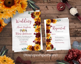 Rustic Sunflower Wedding Invitation,Sunflowers,Burgundy Roses,Greenery,White Barn Wood,Shabby Chic,Printed Invitation,Wedding Set