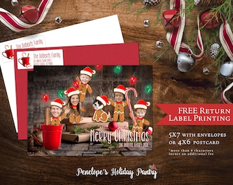 Funny Gingerbread Cookie Christmas Photo Card, Personalized Elves Hot Chocolate Family Holiday Card, Envelopes