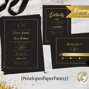 Luxury Black and Gold Monogram Wedding Invitation Personalized Gold Foil Print Formal Traditional Printed Invitation Black Envelopes Unique